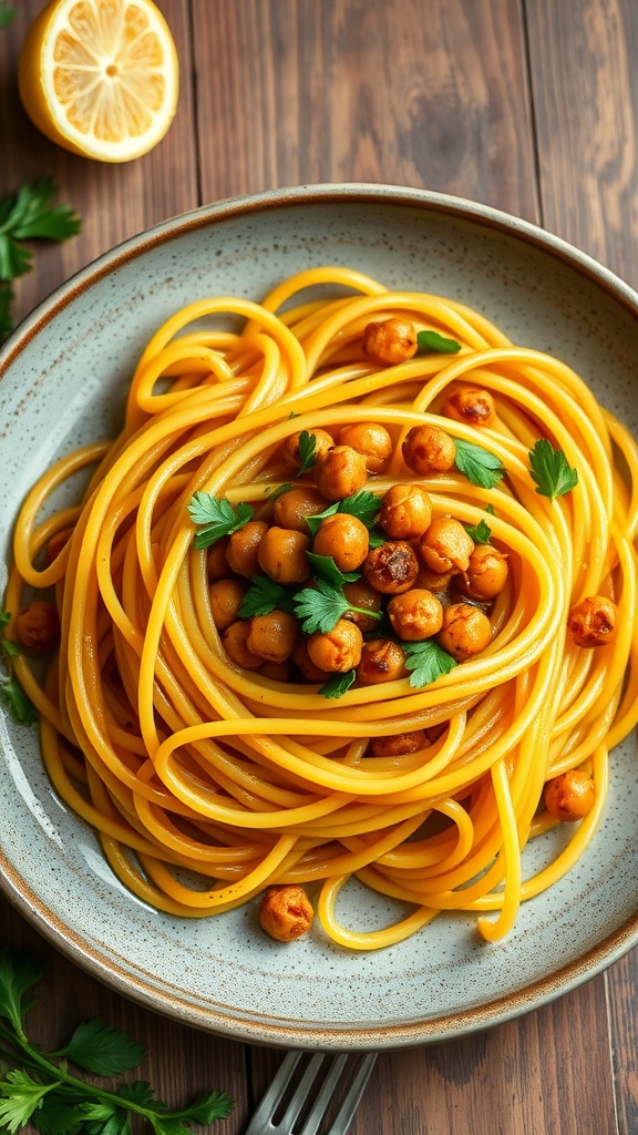 Spaghetti aglio e olio with roasted chickpeas and parsley on a rustic table with lemon.